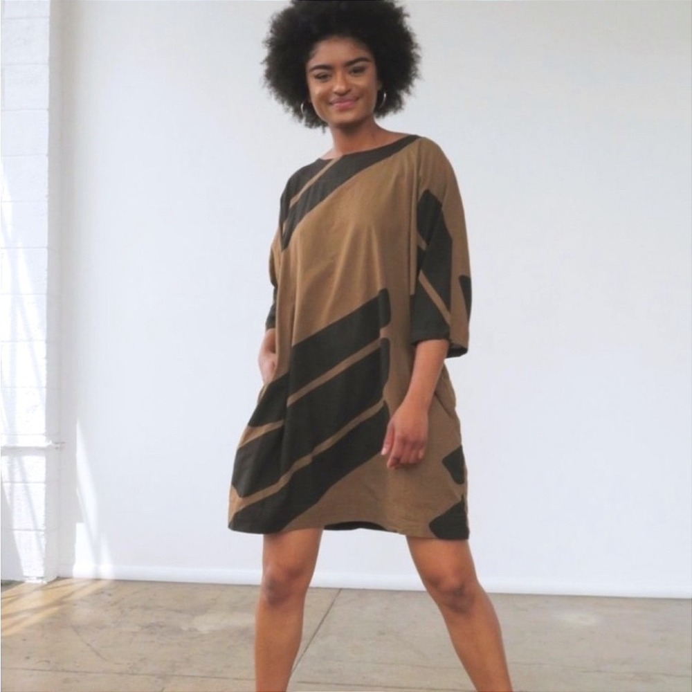 UZI NYC Now Dress Brown Black Striped Oversized Cotton Shift Mini Large
